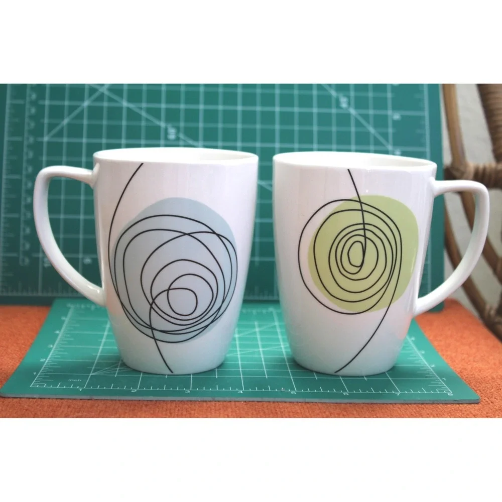 Corelle Coordinates Porcelain Mugs Set of 2 Abstract Scribble Swirl Green Blue - Picture 1 of 6